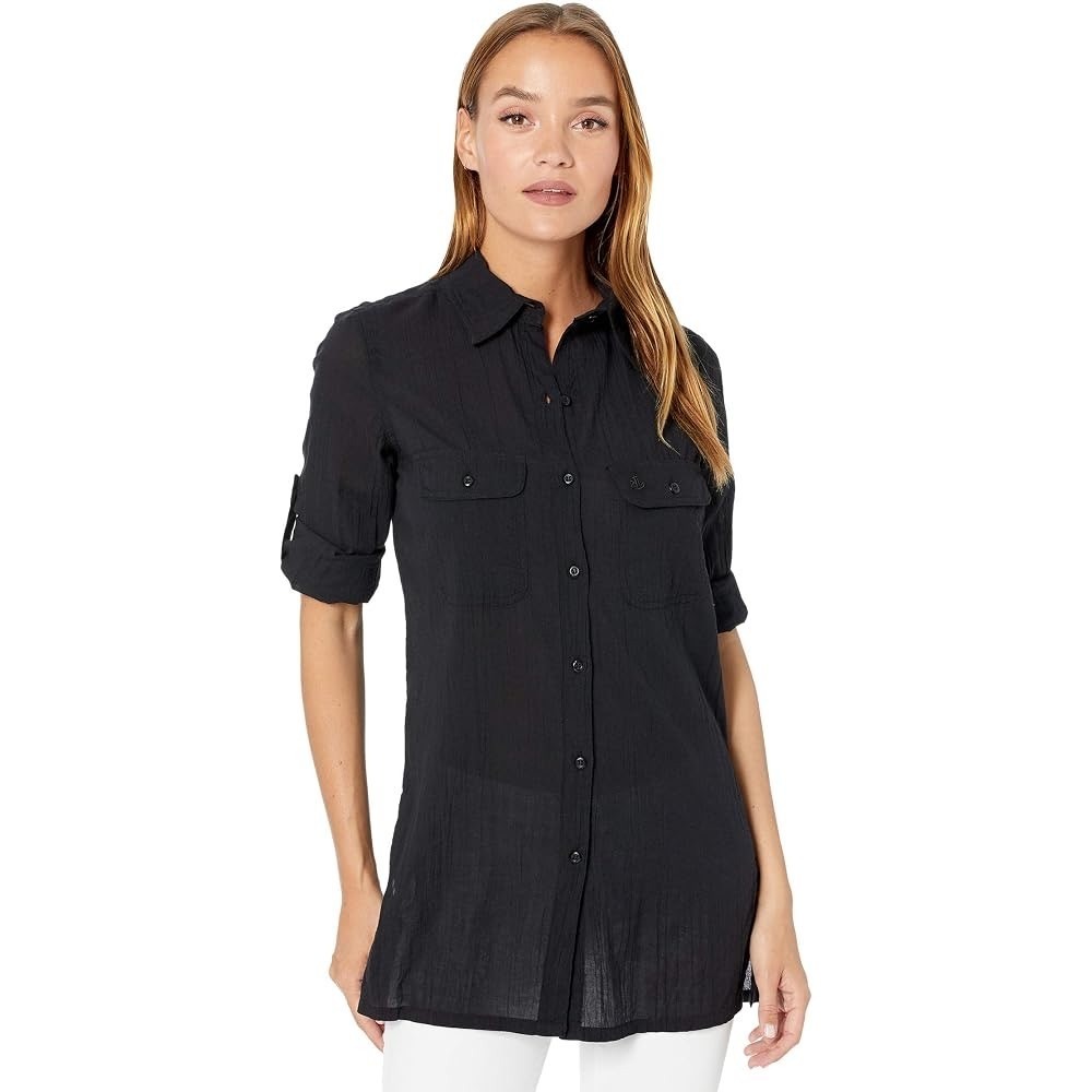 NWT Lauren Ralph Lauren Womens Black Crushed Cotton Camp Shirt CoverupTunic Sz M